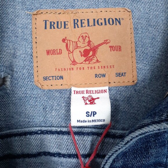 True Religion Womens Denim Trucker Jacket S Destroyed Stretch Blue Jean 263 - Picture 3 of 6
